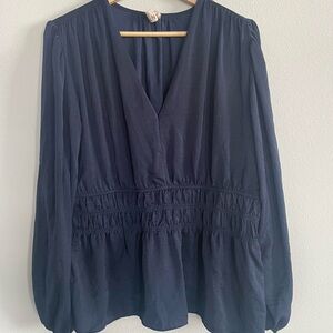 Anthropologie Dolan Long Sleeve Smocked V Neck Satin Navy blue blouse